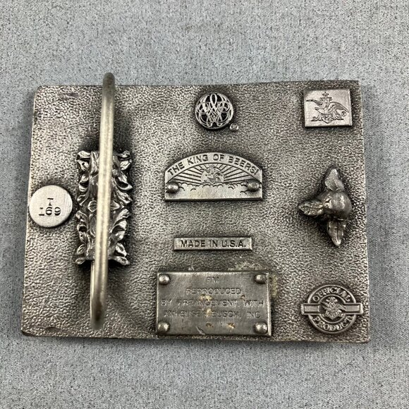 Western Belt Buckle Budweiser King of Beers Clydesdale Horses Wagon Pewter Red - Picture 2 of 2